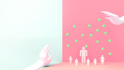 Protect Virus Pathogens the disease from the hands and concept of preventing germs from people in the community on Blue - Pink background - 3d rendering