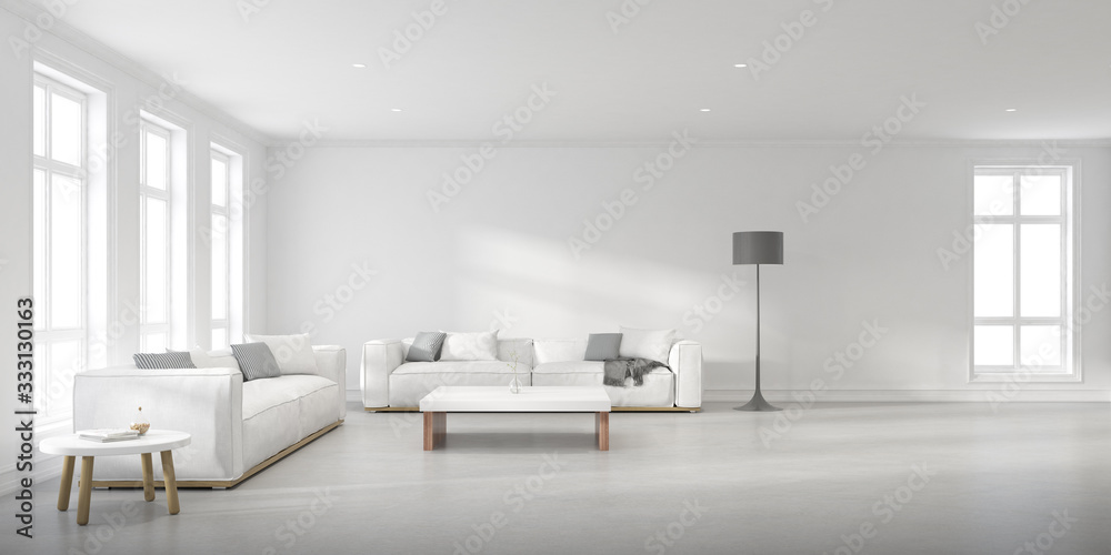 Poster perspective of modern living room with white sofa and side table on concrete wall, minimal scandinav