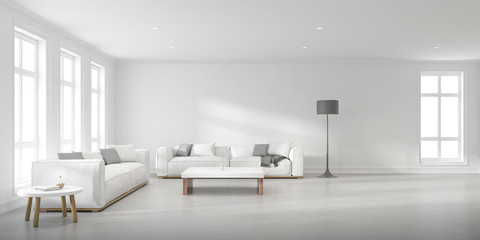Naklejka na ściany i meble Perspective of modern living room with white sofa and side table on concrete wall, Minimal scandinavian design. 3D rendering.