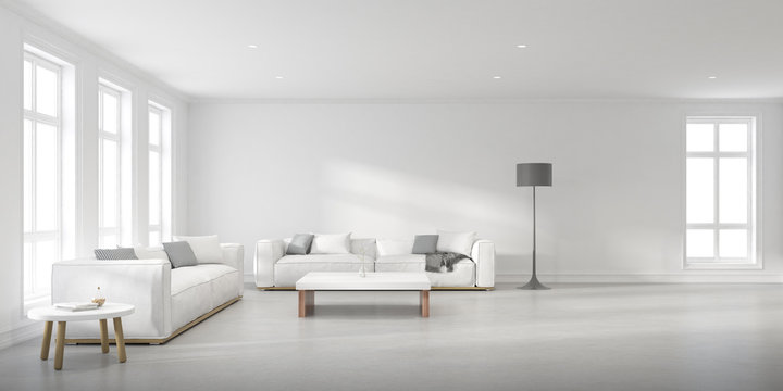 Perspective of modern living room with white sofa and side table on concrete wall, Minimal scandinavian design. 3D rendering.