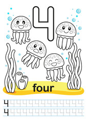 Coloring worksheet for kindergarten and preschool. Exercises for writing numbers. Funny fishes, crabs, jellyfish, seashells, octopus, other marine life, plants, corals on the sea background. Number 4