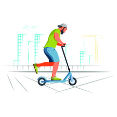 Flat illustration on a white background. A guy riding a scooter around the city.