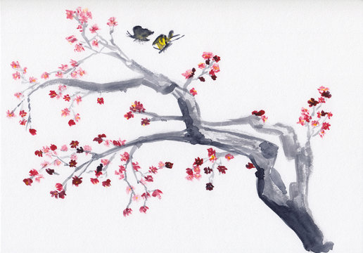 Watercolor painting with plum tree branch in bloom. Hand drawn oriental style landscape spring tree with red flowers & butterflies. Concept for decoration, relaxation, restore, meditation background.