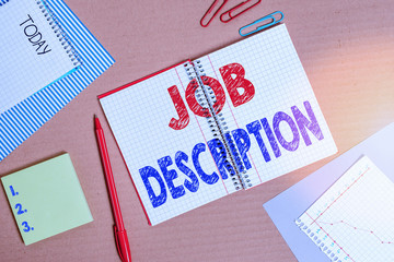Word writing text Job Description. Business photo showcasing a formal account of an employee...