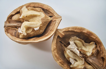 Two half walnuts on a light background
