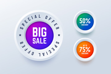 Special offer big sale round labels. 50 percent discount and up to 75 percent discount buttons. Vector illustration for shop sales and promotions in 3d style.
