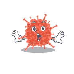 A cartoon character of orthocoronavirinae making a surprised gesture