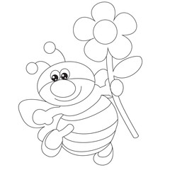a bee carries a flower in his hand, a contour drawing, a coloring book, isolated object on a white background, vector illustration, eps