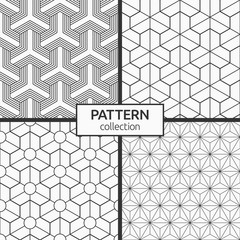 Set of four seamless patterns. Abstract geometric trendy vector backgrounds. Modern stylish textures. Geometric tiles with triple hexagonal elements. Vector monochrome backgrounds.