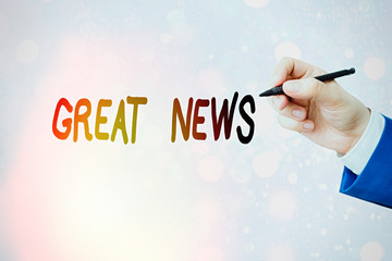 Conceptual hand writing showing Great News. Concept meaning someone or something that is positive...