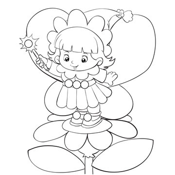 cute little fairy stands on a flower with a magic wand, outline drawing, coloring, isolated object on a white background, vector illustration, eps