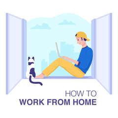 Work from home concept, A young man sitting by the window and working on laptop. Vector