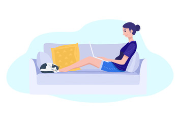 Work from home concept, A young woman sitting on sofa and working on laptop. Vector