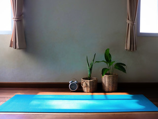 blue yoga mat on wooden floor with plant basket , clock and morning sunlight.