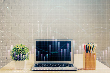 Multi exposure of forex graph and work space with computer. Concept of international online trading.