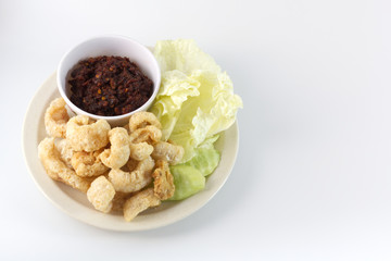 Roasted Pork Chili Paste serve with fried pork rind and fresh vegetables