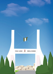 Flat Illustration. Awesome city view on Abuja City Gate, Abuja. Enjoy the travel. Around the world. Quality vector poster. Nigeria