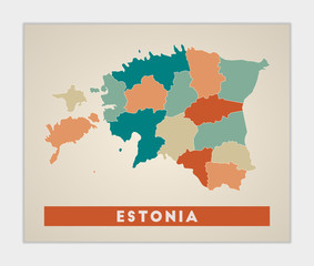 Estonia poster. Map of the country with colorful regions. Shape of Estonia with country name. Cool vector illustration.