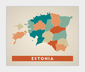 Obraz premium Estonia poster. Map of the country with colorful regions. Shape of Estonia with country name. Cool vector illustration.