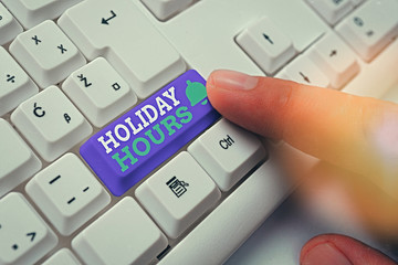 Conceptual hand writing showing Holiday Hours. Concept meaning Overtime work on for employees under...