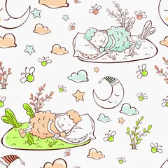 Papier Peint photo Animaux endormis modèle sans couture enfantin. mouton endormi