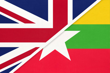 United Kingdom vs Myanmar national flag from textile. Relationship between two european and asian countries.