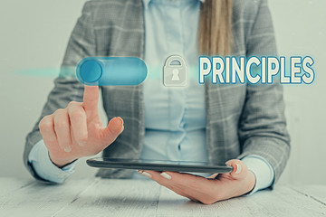 Text sign showing Principles. Business photo showcasing fundamental truth that serves as the base...