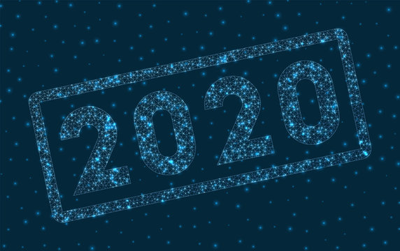 2020 word in digital style. Glowing geometric 2020 badge. Amazing vector illustration.