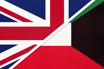 United Kingdom vs Kuwait national flag from textile. Relationship between two european and asian countries.