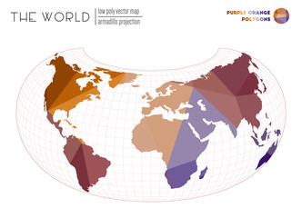 Triangular mesh of the world. Armadillo projection of the world. Purple Orange colored polygons. Awesome vector illustration.