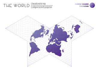 Abstract world map. Collignon butterfly projection of the world. Purple shades colored polygons. Contemporary vector illustration.