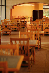 Rows of empty chairs and tables of hte warm sunlit empty cafe / restaurant. Cafe interior background