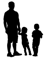 Families with little child walking on street. Isolated silhouettes of people on white background