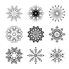 Set of black snowflakes. crystal element. Winter collection isolated icon silhouette. Jpeg