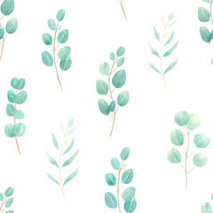 Eucalyptus leaves hand drawn seamless pattern on white background.  For wallpaper, wrapping papper, fabric, textile, wedding stationery. Green leaves, branches, foliage background. Botanical art.