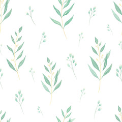 Fototapeta na wymiar Botanical watercolor seamless pattern with floral elements. Eucalyptus hand painted watercolor background. Perfect for wrapping papper, wedding invitation, fabric, textile, wallpapper. Green leaves. 