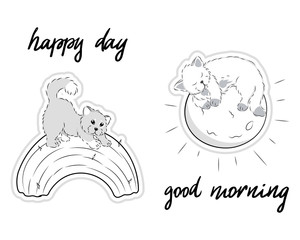 kawaii cartoon black and white cats, cute animals with sun and rainbow, editable vector illustration for decoration, poster, print, coloring book, stickers
