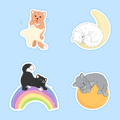 kawaii cartoon cats stickers, cute animals with sun, star, moon, rainbow, editable vector illustration for decoration, t shirt print, poster