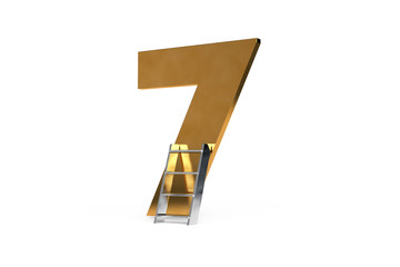 3D Rendering Golden Color Number Seven with Step Ladder