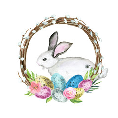 Easter wreath. Delicate watercolor illustration, suitable for Easter, first communion, baptism invitations.
