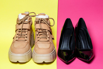 Fashionable women's shoes. Big brown leather shoes and black patent leather shoes.