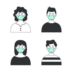 Set of people wearing medical mask avatar, virus Covid-19 protection, minimal style