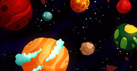 Space cartoon vector illustration with different planets. Galaxy, cosmos, universe element for computer game, book for kids. 