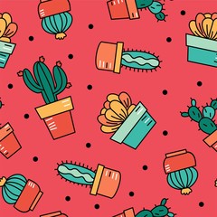 Seamless vector pattern-cute cacti, plants. Color background. - 333138931
