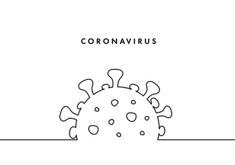COVID-19 continuous line symbol. Concept Coronavirus, virus silhouette, corona virus inscription one single line on a white background, line drawing, vector illustration