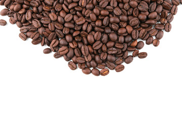 Dark coffee beans placed on a white scene.