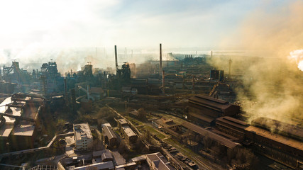 metallurgical production plant full cycle smoke from pipes bad ecology aerial photography