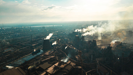 Obraz premium metallurgical production plant full cycle smoke from pipes bad ecology aerial photography