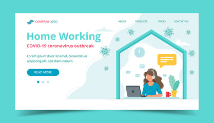 Home office, woman working from home. Landing page or banner template. Vector illustration in flat style