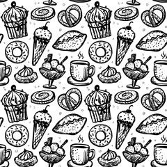Pastry sweets seamless pattern, cute hand drawn sketch food symbols
